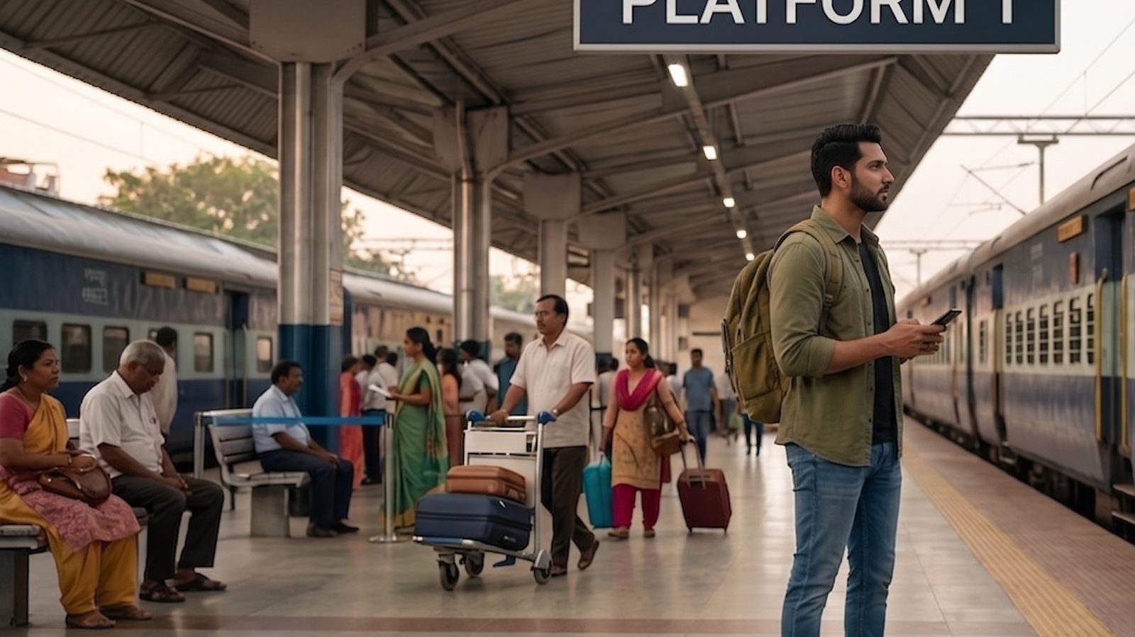 Passengers and luggage trolleys on the platform.