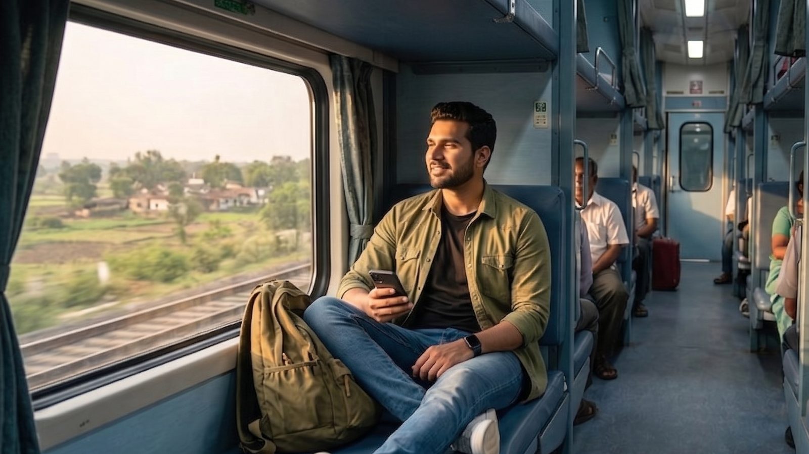 A traveller in a berth beside the train window.