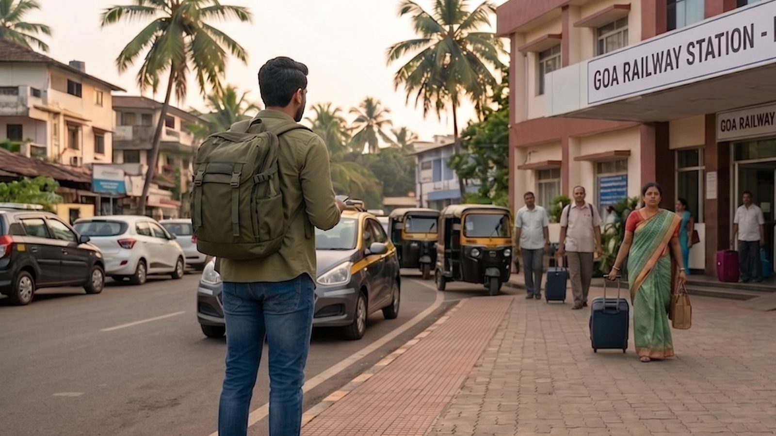 Outside Goa railway station, palms and auto-rickshaws.